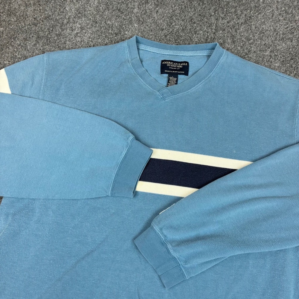 American Eagle Outfitters Men Large Blue Striped Ribbed V-Neck Long Sleeve Shirt